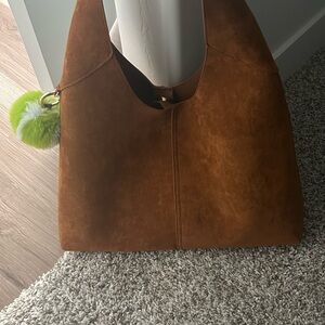 Target Brown Suede Shoulder Bag with Green Pom-Pom